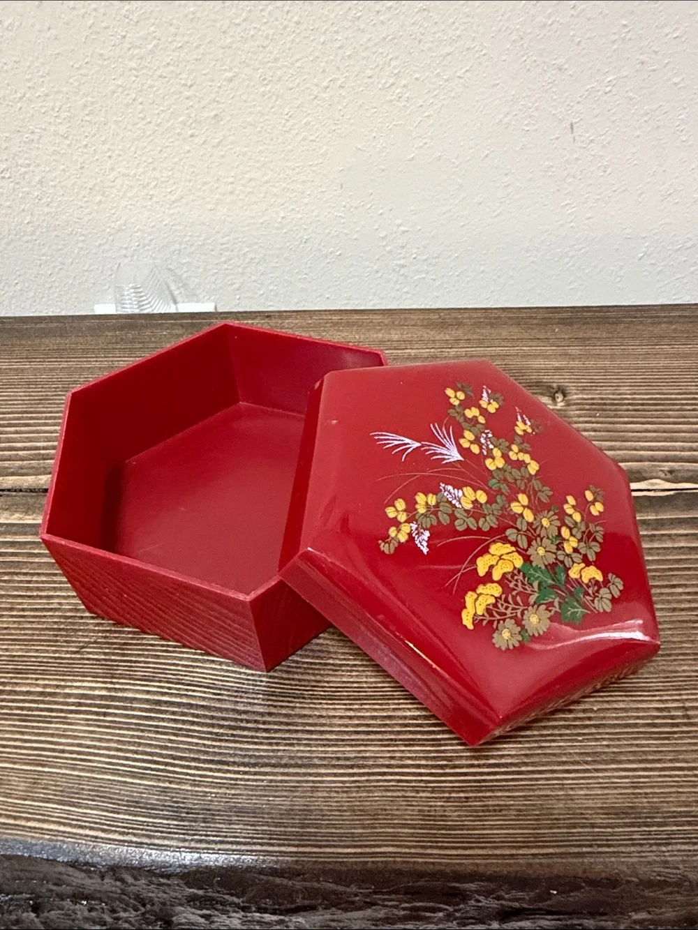 Vintage Hong Kong Red Lacquer Trinket Floral Jewelry Box Mid Century Vanity